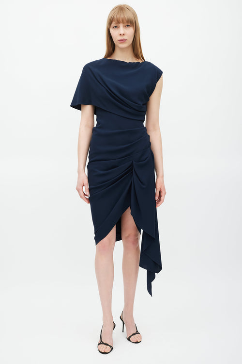 Oscar de la Renta Navy Silk Gathered Dress