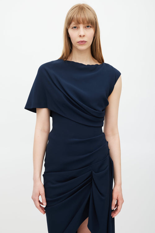 Oscar de la Renta Navy Silk Gathered Dress