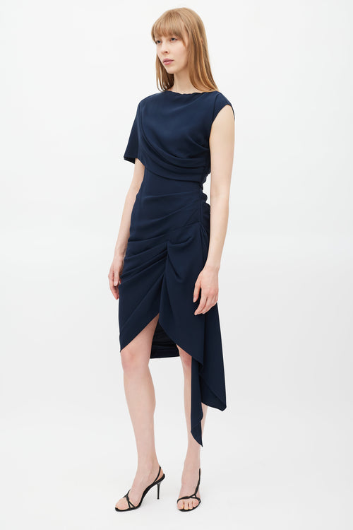 Oscar de la Renta Navy Silk Gathered Dress