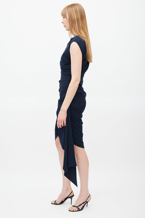 Oscar de la Renta Navy Silk Gathered Dress