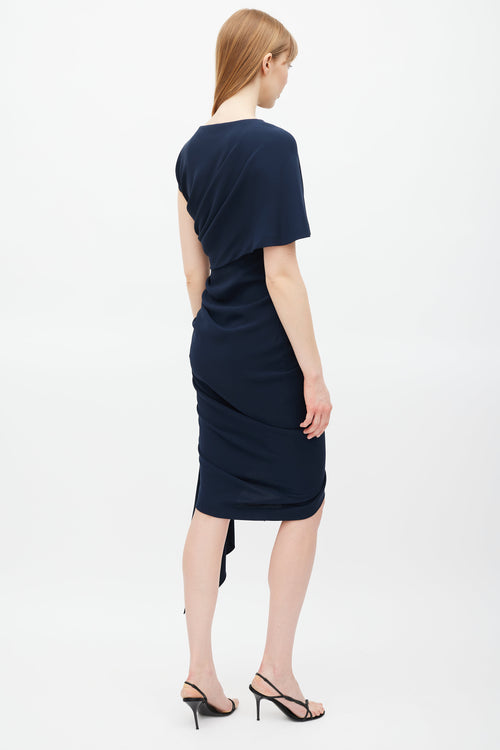 Oscar de la Renta Navy Silk Gathered Dress