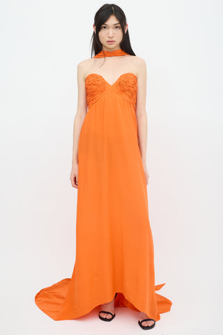 Oscar de la Renta Orange Ruched Belted Dress