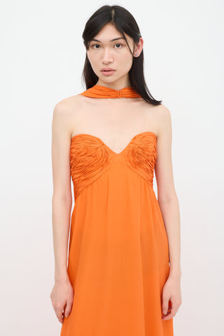 Oscar de la Renta Orange Ruched Belted Dress