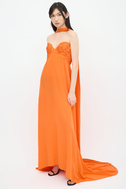 Oscar de la Renta Orange Ruched Belted Dress