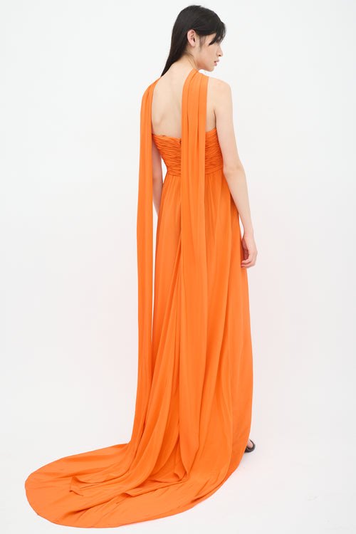 Oscar de la Renta Orange Ruched Belted Dress