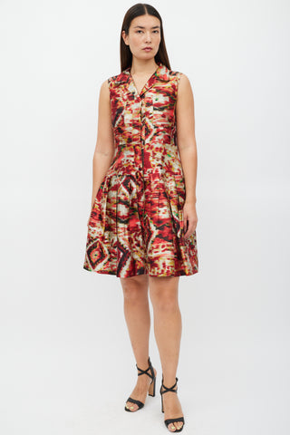 Oscar de la Renta Red 
Multicolour Silk Pleated Shirt Dress