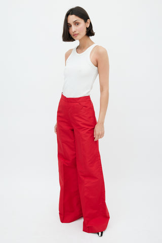 Oscar de la Renta Red Silk Wide Flared Trouser