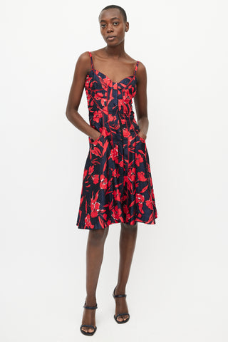 Oscar de la Renta Spring 2007 Navy 
Red Floral Dress