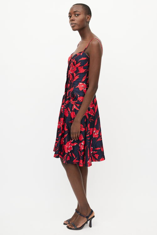 Oscar de la Renta Spring 2007 Navy 
Red Floral Dress