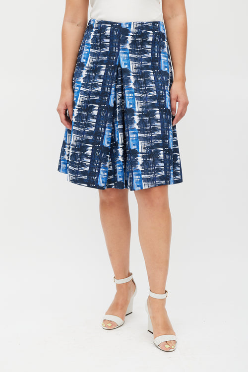 Oscar de la Renta White 
Blue Pleated Abstract Skirt