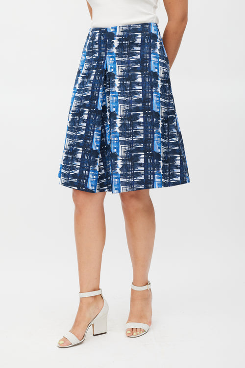 Oscar de la Renta White 
Blue Pleated Abstract Skirt