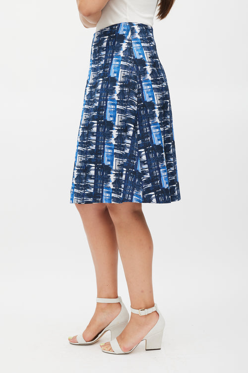 Oscar de la Renta White 
Blue Pleated Abstract Skirt