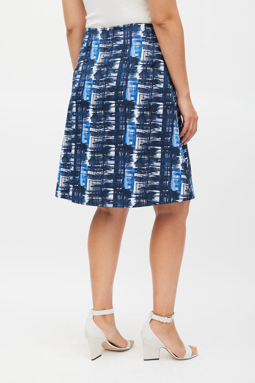 Oscar de la Renta White 
Blue Pleated Abstract Skirt