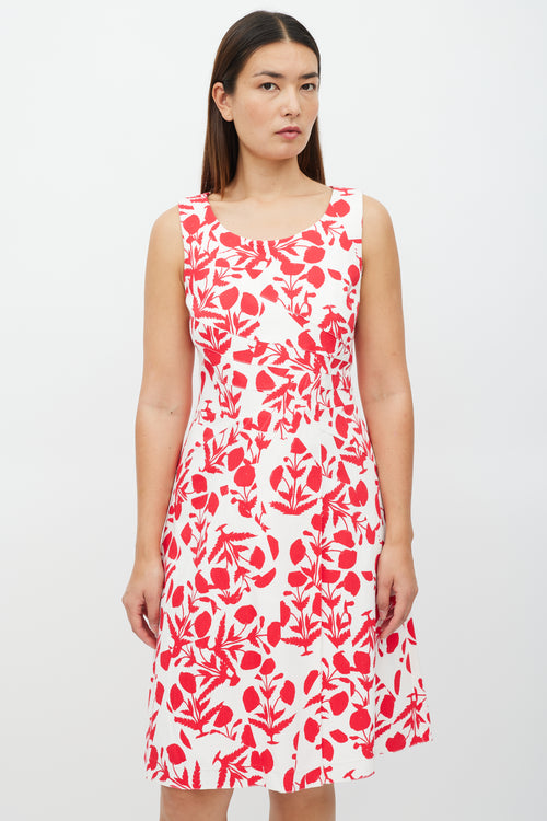 Oscar de la Renta White 
Red Asymmetrical Floral Panelled Dress