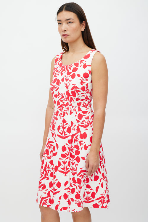 Oscar de la Renta White 
Red Asymmetrical Floral Panelled Dress