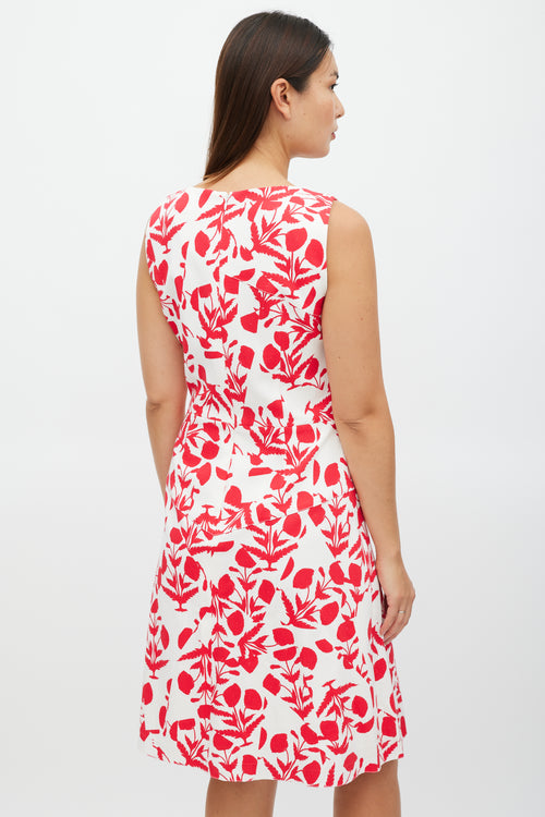 Oscar de la Renta White 
Red Asymmetrical Floral Panelled Dress