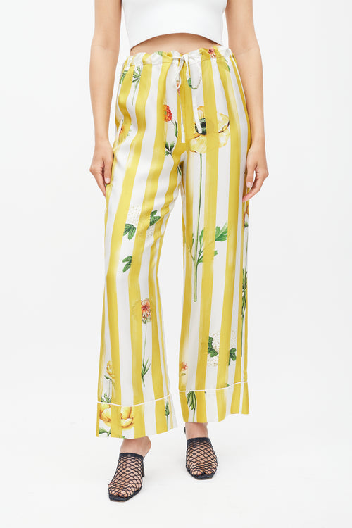 Oscar de la Renta Yellow 
Multicolour Striped Floral Silk Trouser