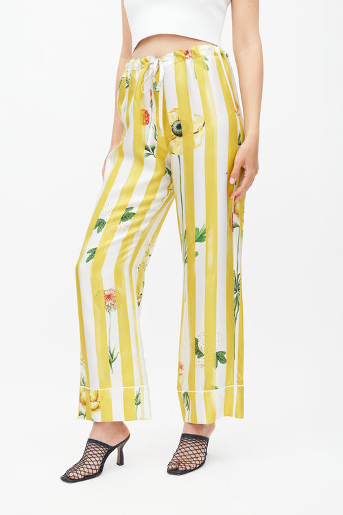 Oscar de la Renta Yellow 
Multicolour Striped Floral Silk Trouser