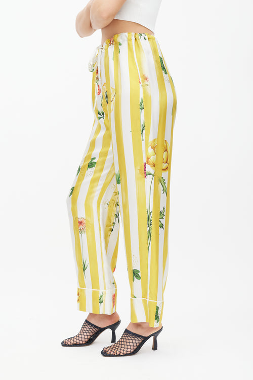 Oscar de la Renta Yellow 
Multicolour Striped Floral Silk Trouser