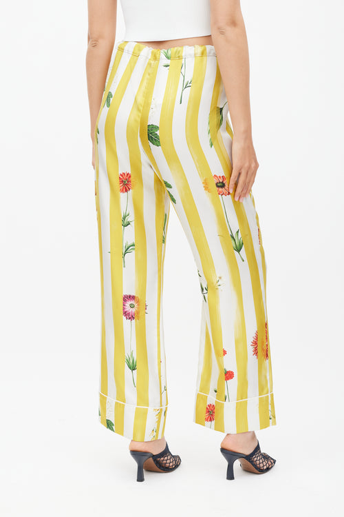 Oscar de la Renta Yellow 
Multicolour Striped Floral Silk Trouser