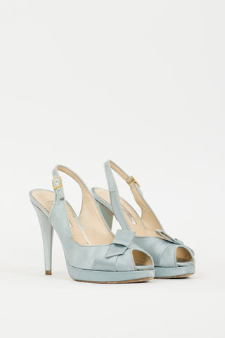 Oscar de la Renta Blue Satin Peep Toe Pump