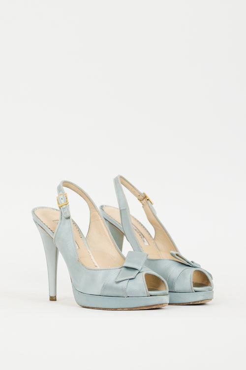 Oscar de la Renta Blue Satin Peep Toe Pump