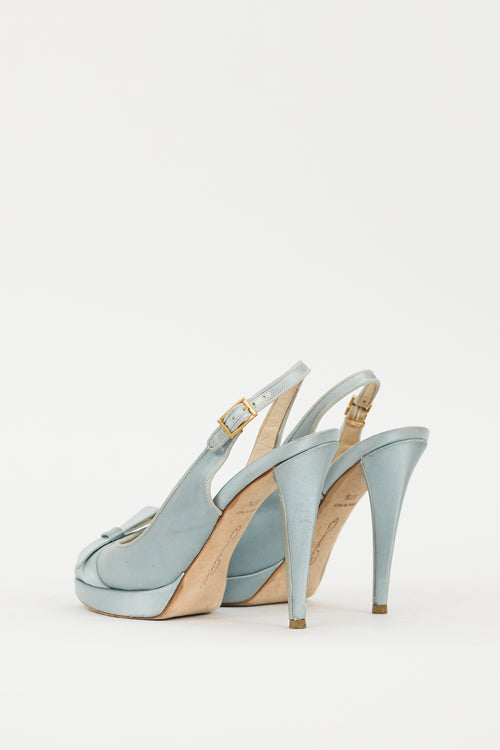 Oscar de la Renta Blue Satin Peep Toe Pump