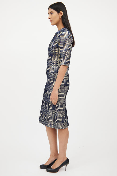 Oscar de la RentaCream 
Navy Textured Woven Dress