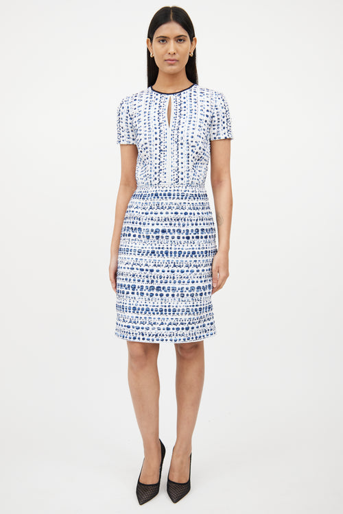 Oscar de la RentaWhite 
Blue Textured Knit Dress