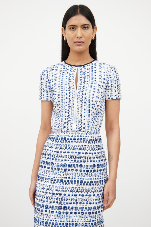 Oscar de la RentaWhite 
Blue Textured Knit Dress