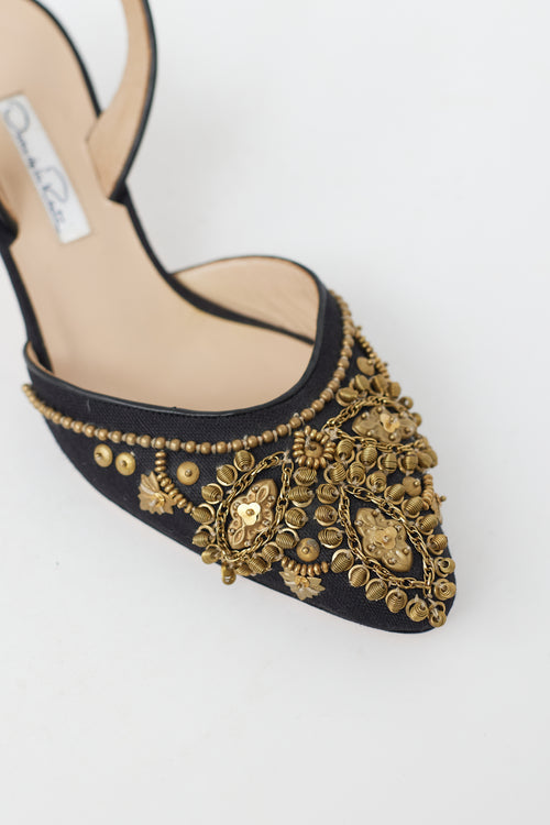 Black 
Gold Beaded Slingback Mule