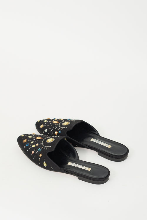 Oscar de la Renta Black Satin 
Multi Beaded Embellished Mule