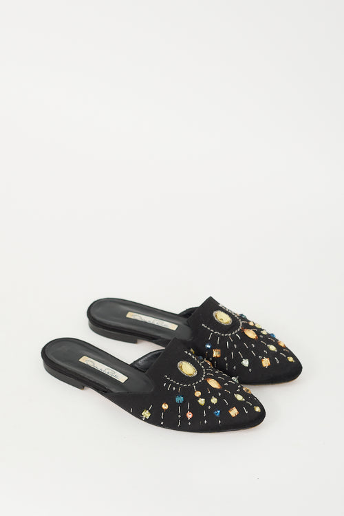 Oscar de la Renta Black Satin 
Multi Beaded Embellished Mule