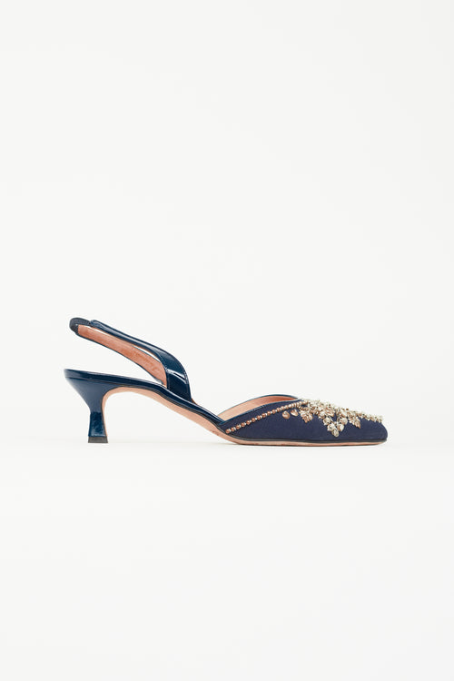 Oscar de la Renta Navy Sequin Embellished Slingback Heel