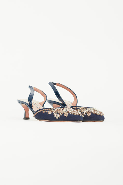 Oscar de la Renta Navy Sequin Embellished Slingback Heel