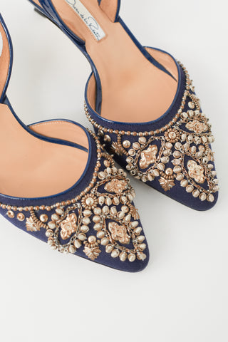 Oscar de la Renta Navy Sequin Embellished Slingback Heel