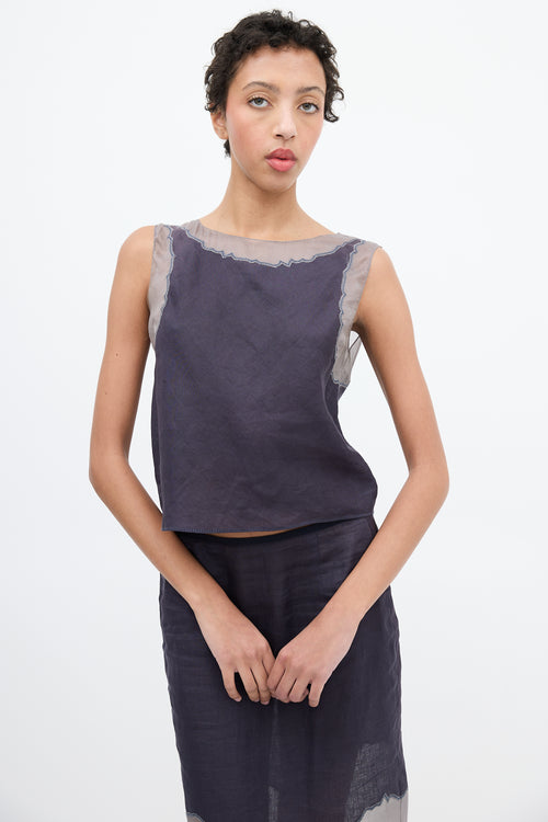 Prada 1998 Navy 
Grey Linen 
Silk Sleeveless Top