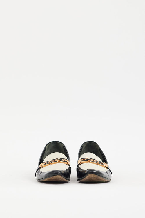 Prada Black 
Cream Leather Buckle Heeled Loafer