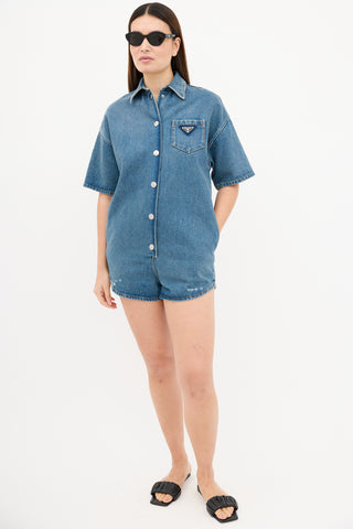 Prada 2022 Medium Wash Denim Button Up Romper