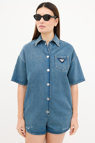 Prada 2022 Medium Wash Denim Button Up Romper