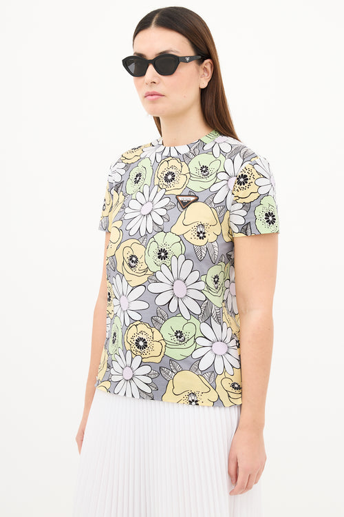 Prada Grey 
Multi Floral Triangle Logo T-Shirt