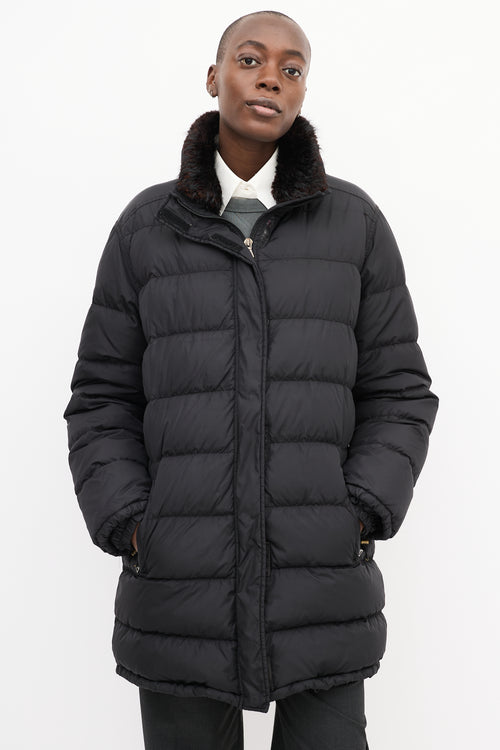 Prada Sport Black Quilted Down 
Fur Puffer Jacket