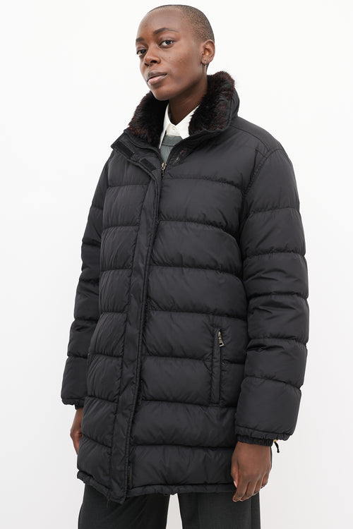 Prada Sport Black Quilted Down 
Fur Puffer Jacket