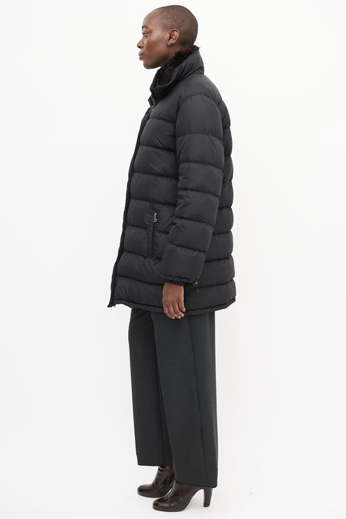 Prada Sport Black Quilted Down 
Fur Puffer Jacket