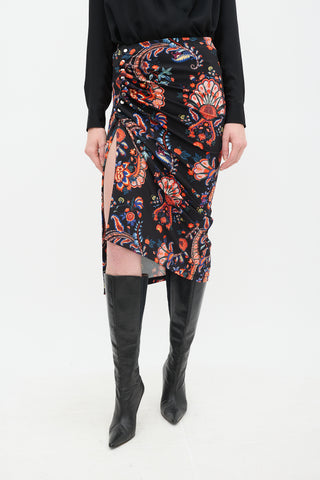 Paco Rabanne Black 
Multi Paisley Gathered Skirt