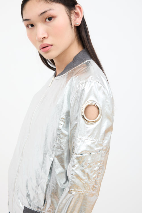 Paco Rabanne Metallic Silver Grommet Bomber Jacket