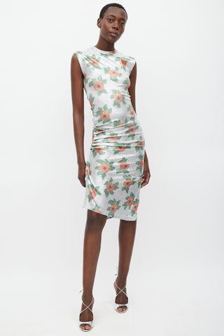 Rabanne Silver 
Multi Lurex Floral Ruched Dress