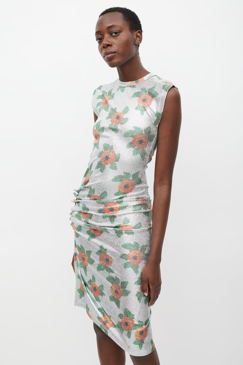 Rabanne Silver 
Multi Lurex Floral Ruched Dress