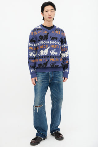 Palace Blue 
Multi Knit Meow Meow Sweater