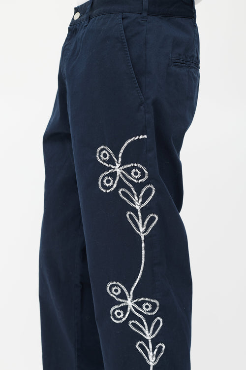 Palace Navy 
White Floral Embroidered Pant